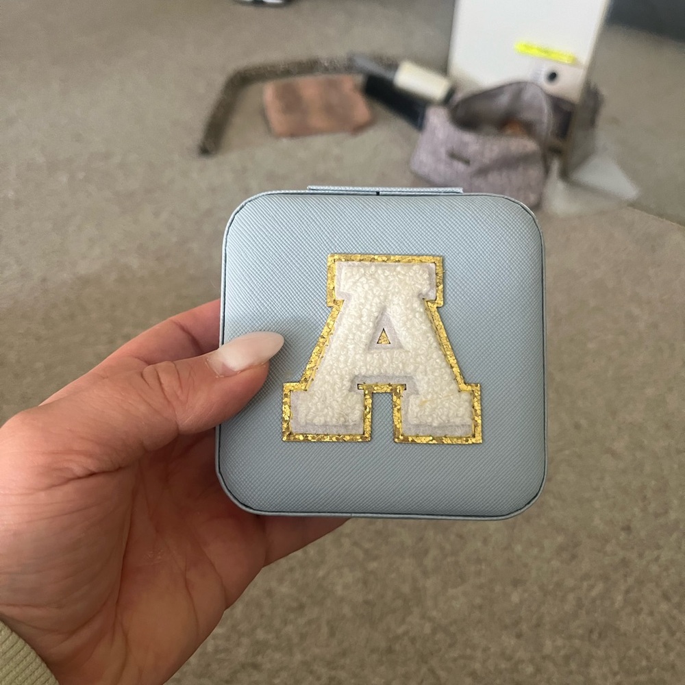Light Blue Compact Mirror with Gold and White Letter A jewelery traveler